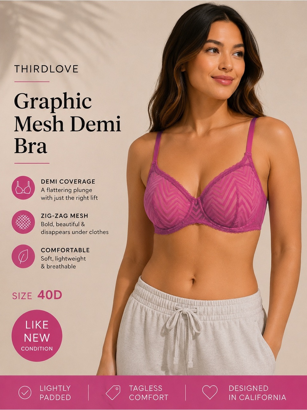 ThirdLove Graphic Mesh Demi Bra Pink Size 40D